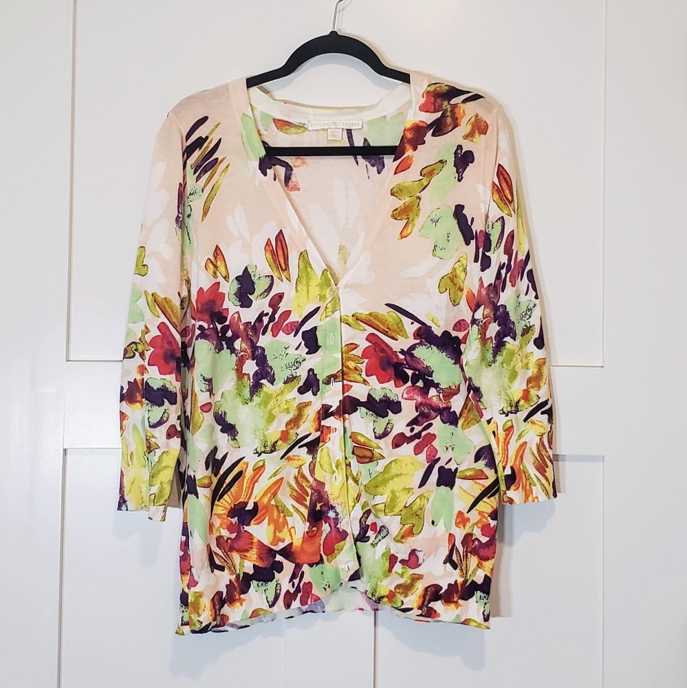 Boston Proper Cardigan Button Up Lightweight Multicolor Floral Size Large Cotton